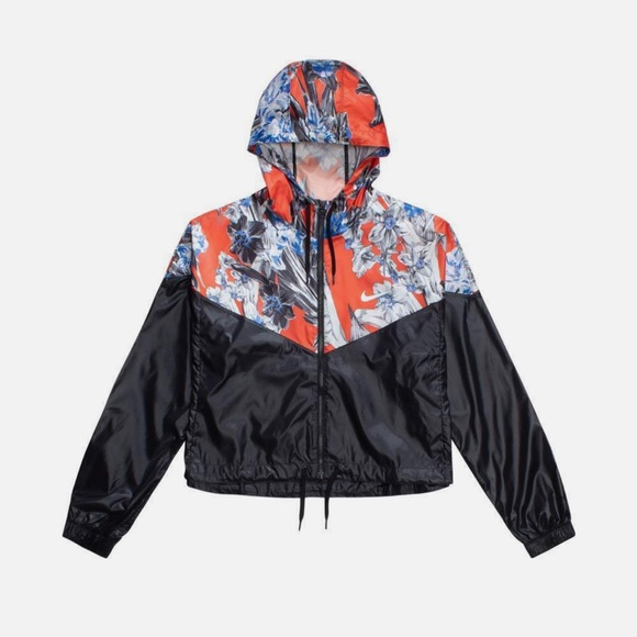 Nike Windrunner Cropped Floral Black & Red w Hood Women's Jacket Sz 1X NWT - Picture 1 of 10